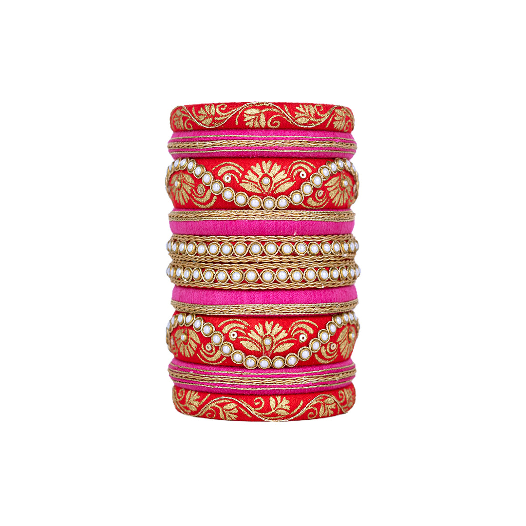 Diva Pink & Red Embroidered Bangle Set