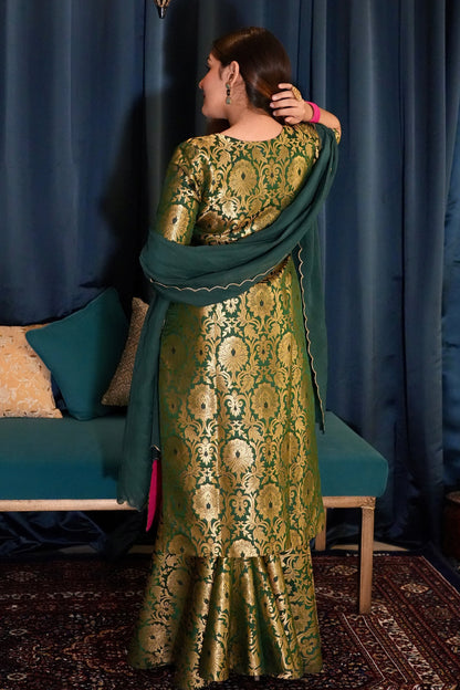 Meera Banarasi Silk Brocade Gharara Set - Dark Green