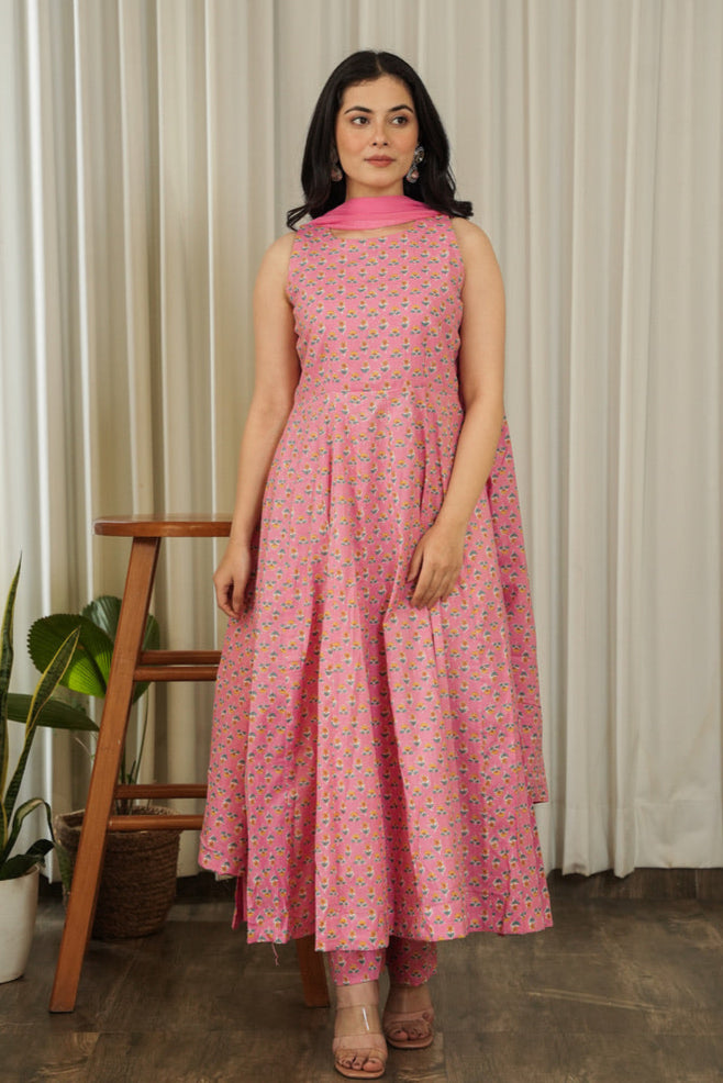 Azaa Block Print Cotton Anarkali Set with Print Paneled Dupatta