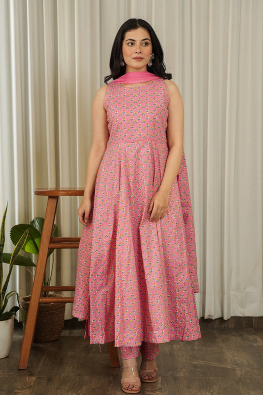 Azaa Block Print Cotton Anarkali Set with Print Paneled Dupatta