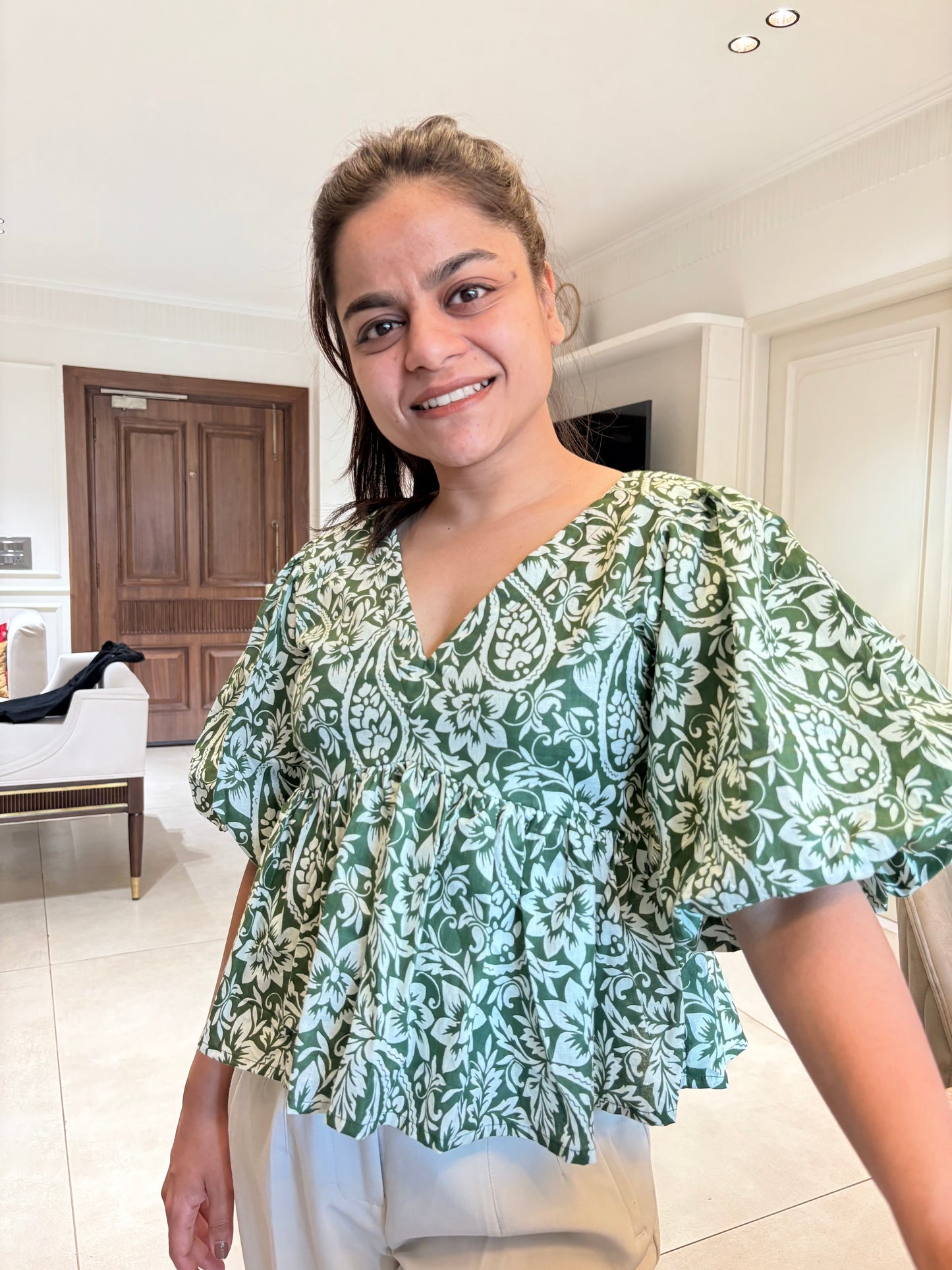 Balloon Chic Green Cotton Peplum Top