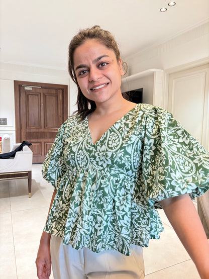 Balloon Chic Green Cotton Peplum Top