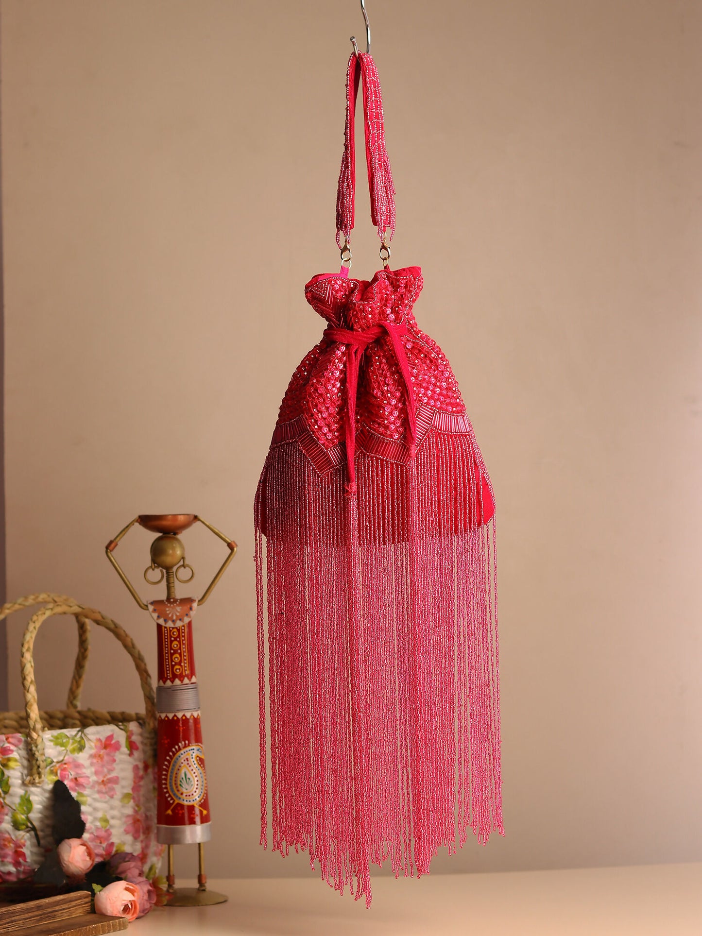 Fuchsia Flame Long Tassel Velvet Potli Bag