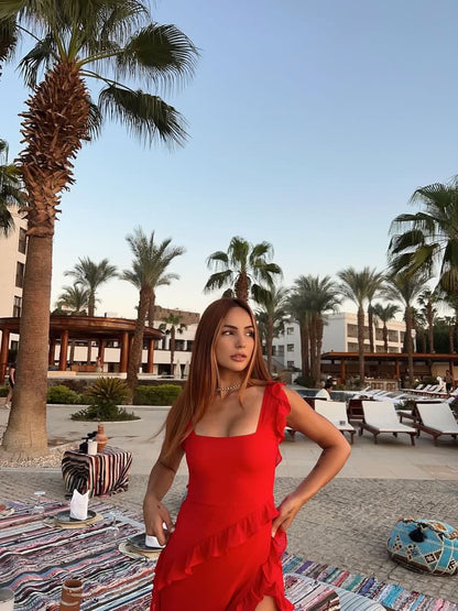 Ruffle Red Side Slit Dress