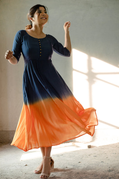 Indigo and Orange Hand-Dyed Ombre Dress