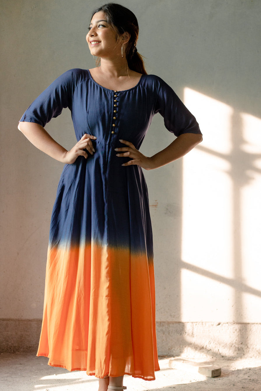 Indigo and Orange Hand-Dyed Ombre Dress