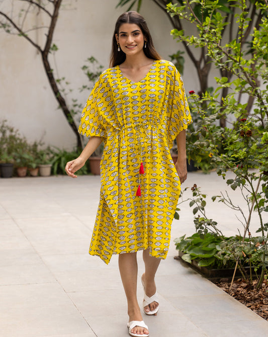 Nazar Battu Hand Block Printed Cotton Midi Kaftan