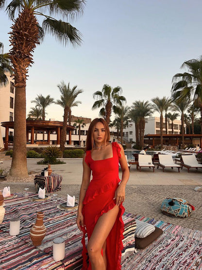 Ruffle Red Side Slit Dress