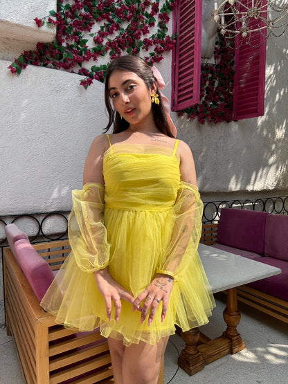 Luxe Sparkle Bow Dress With Detachable Puff Sleeves