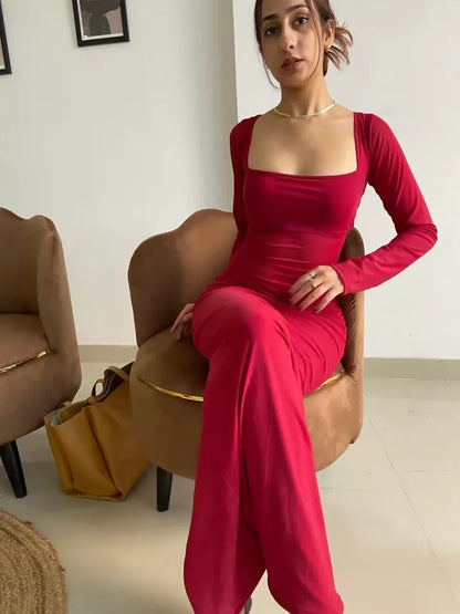 Red Ruched Square Neck Maxi Dress