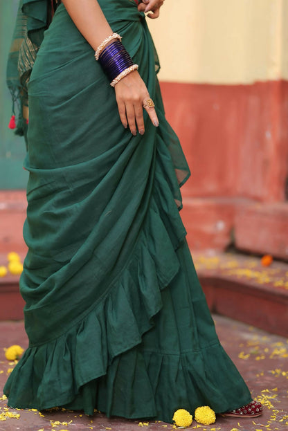 Green Ruffle Cotton Saree