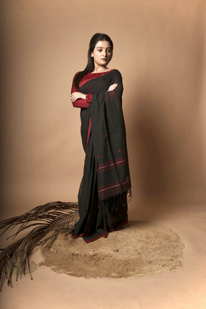 Nocturne I Black Cotton Saree With Red Heart Motifs