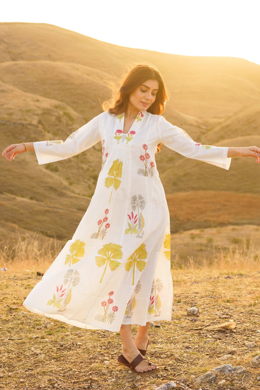 Firdous Palm Cotton Block Print Long Dress