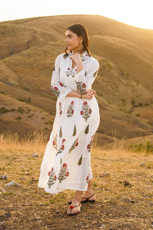 Firdous Poppy Cotton Block Print Long Dress