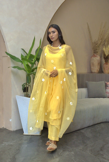 Handpainted Flora Kurta Set in Yellow