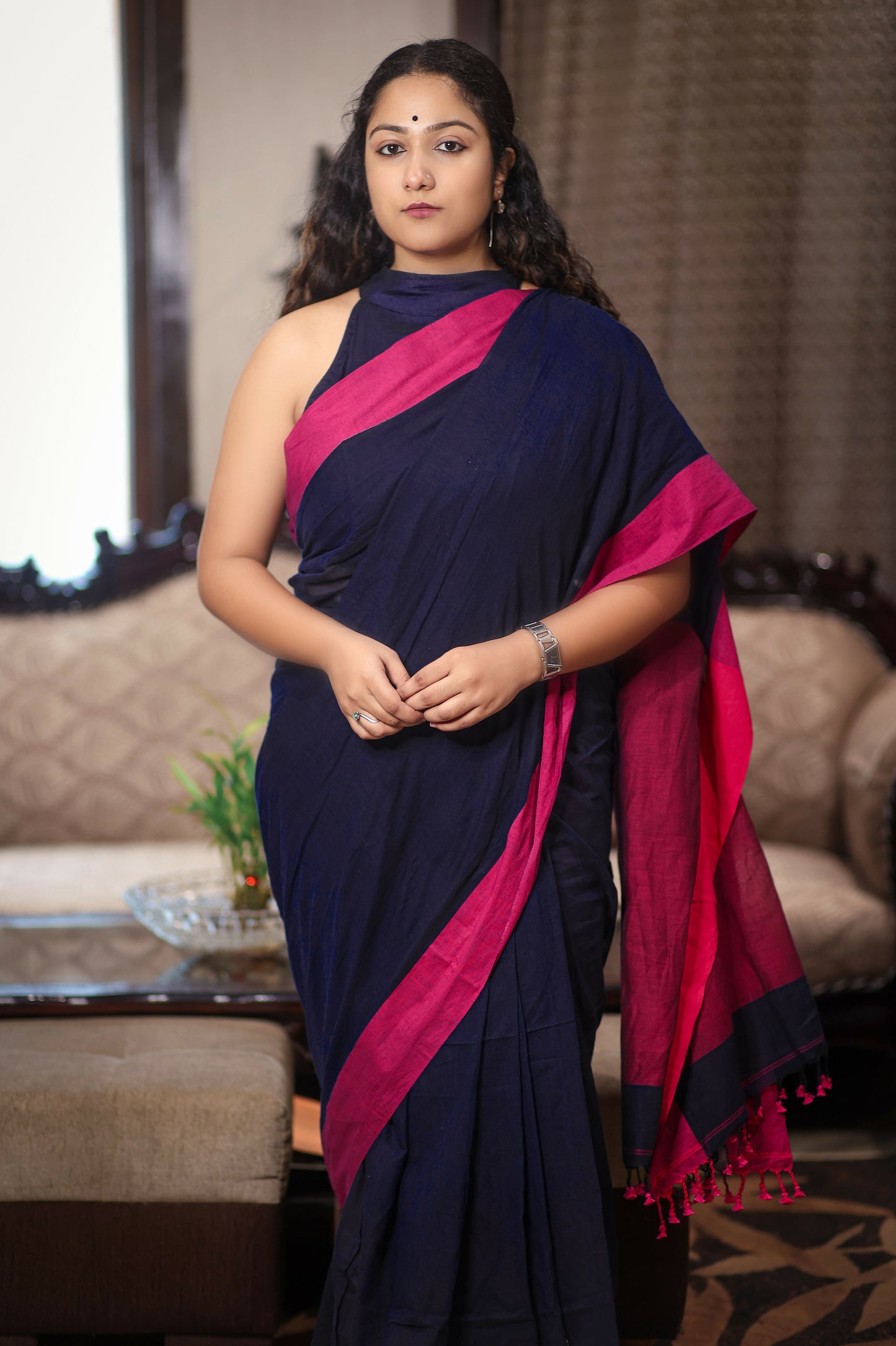 Navy & Pink Handwoven Mulmul Cotton Saree