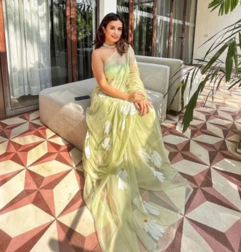 Half-Daisies Olive Green Chiffon Saree