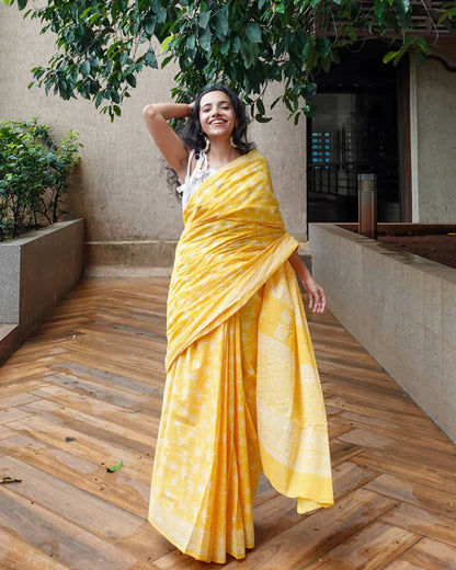 Dandelions in the Sky - Hand Block Print Mulmul Cotton Bagru Saree