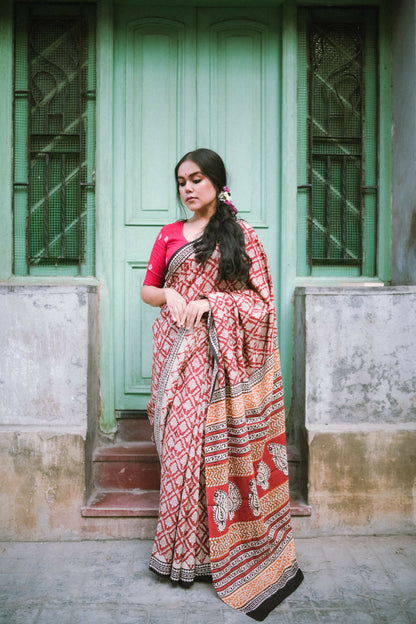 Brick Red Bagru Saree Handblock Print Natural Dyed Mulmul Cotton Saree