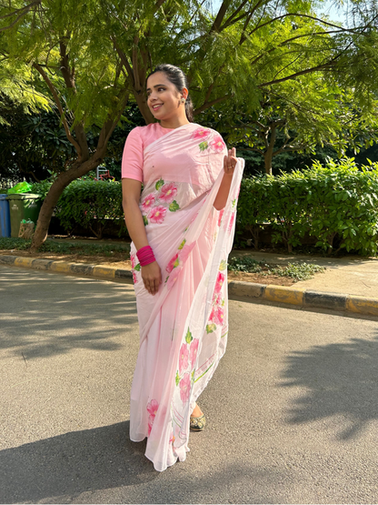 Gudhal ka Phool Handpainted Chiffon Saree