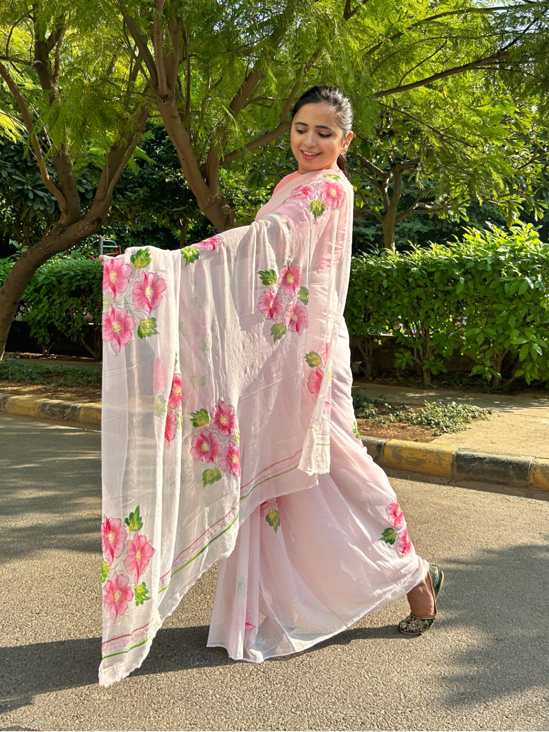 Gudhal ka Phool Handpainted Chiffon Saree