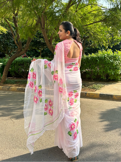 Gudhal ka Phool Handpainted Chiffon Saree