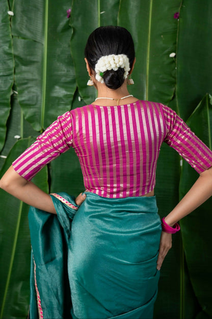 Indira Pink Chanderi Striped Elbow Sleeve Blouse with V Neck