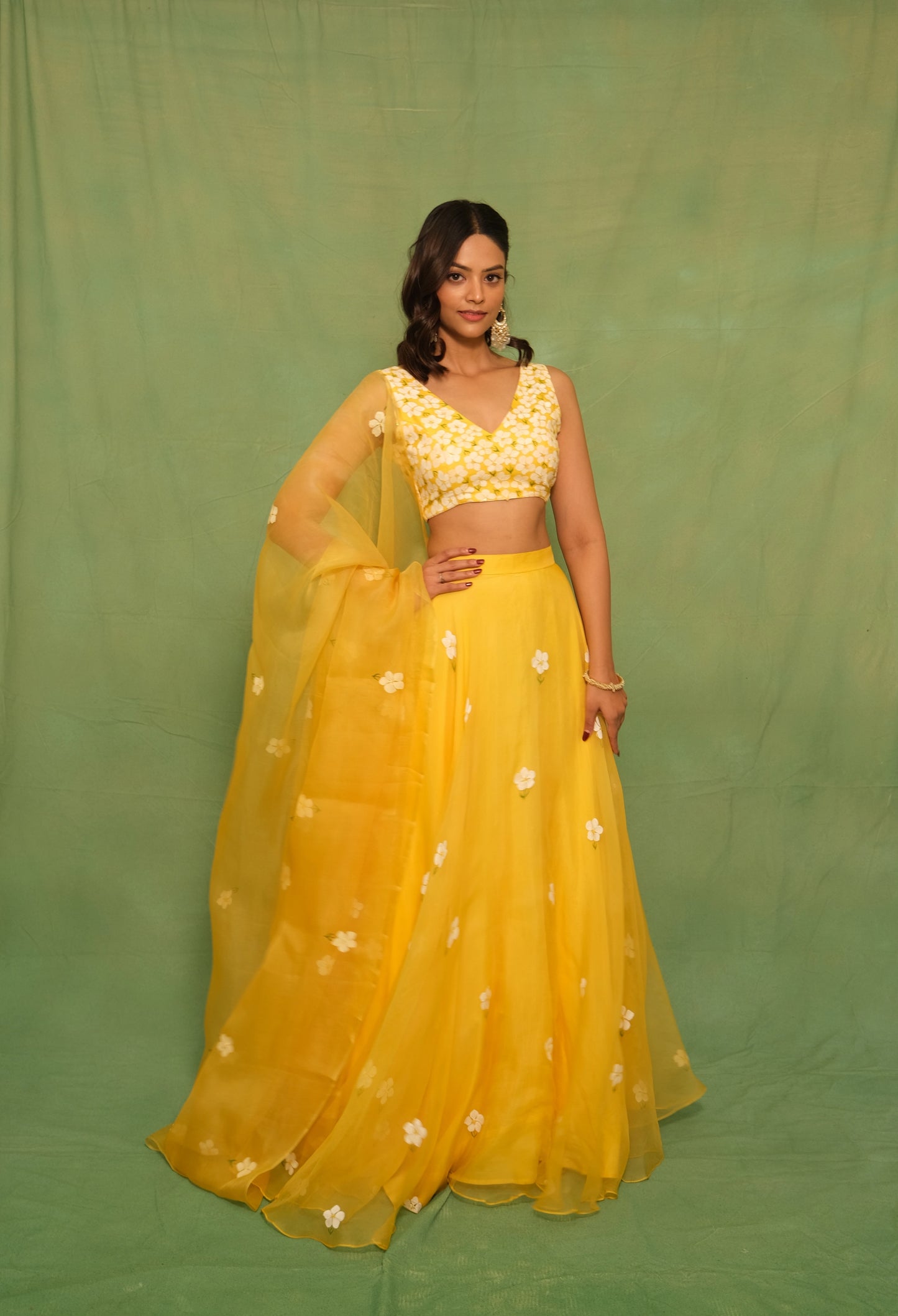 Yellow Mogra Handpainted Lehenga