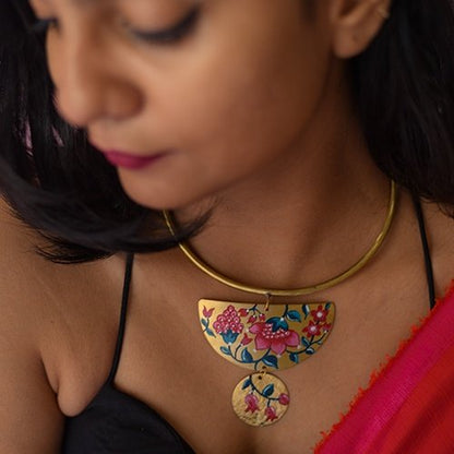 Red Floral Handpainted Brass Hasli Necklace