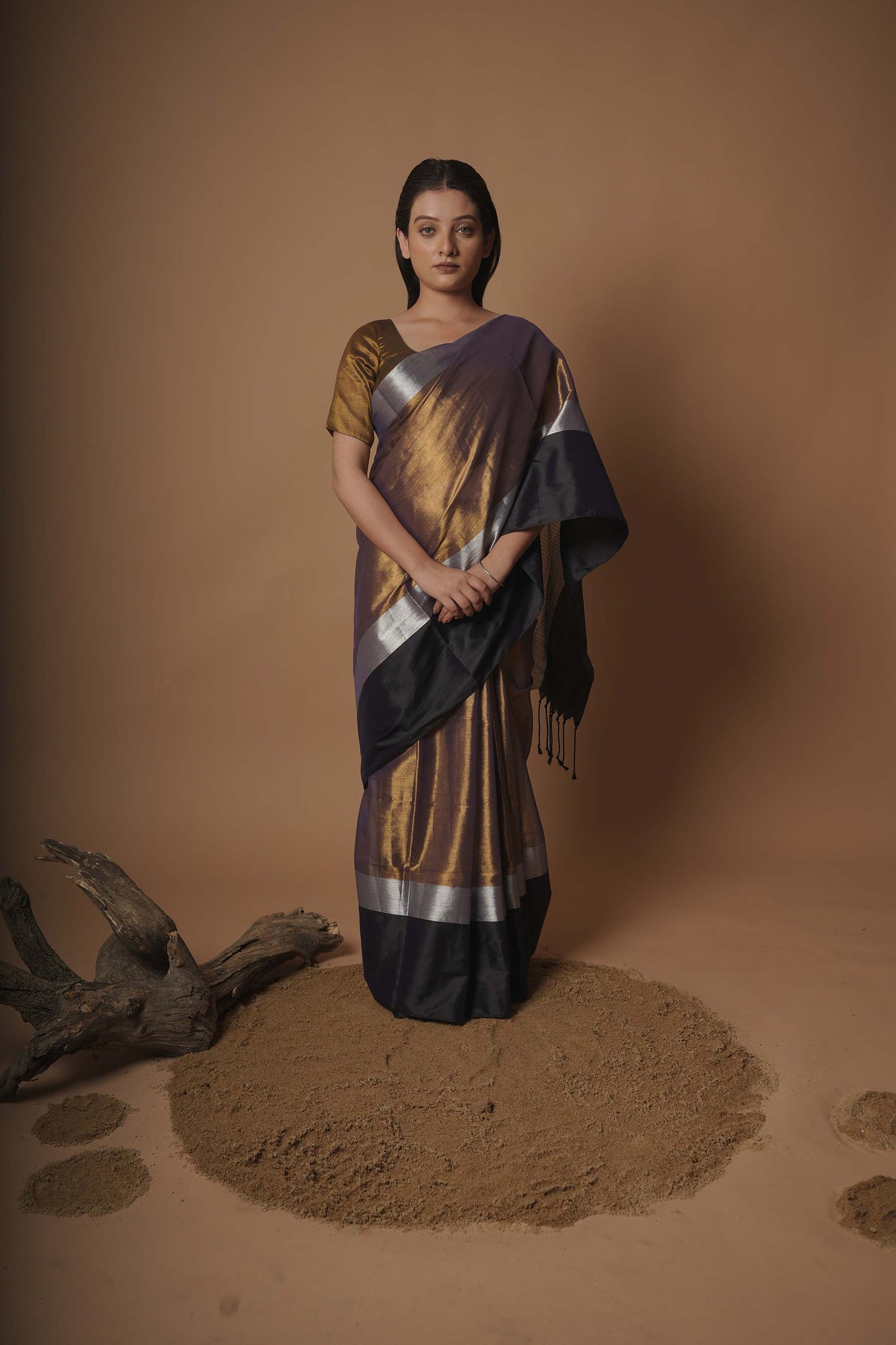 Kaashvi Gold And Black Handloom Tissue Saree