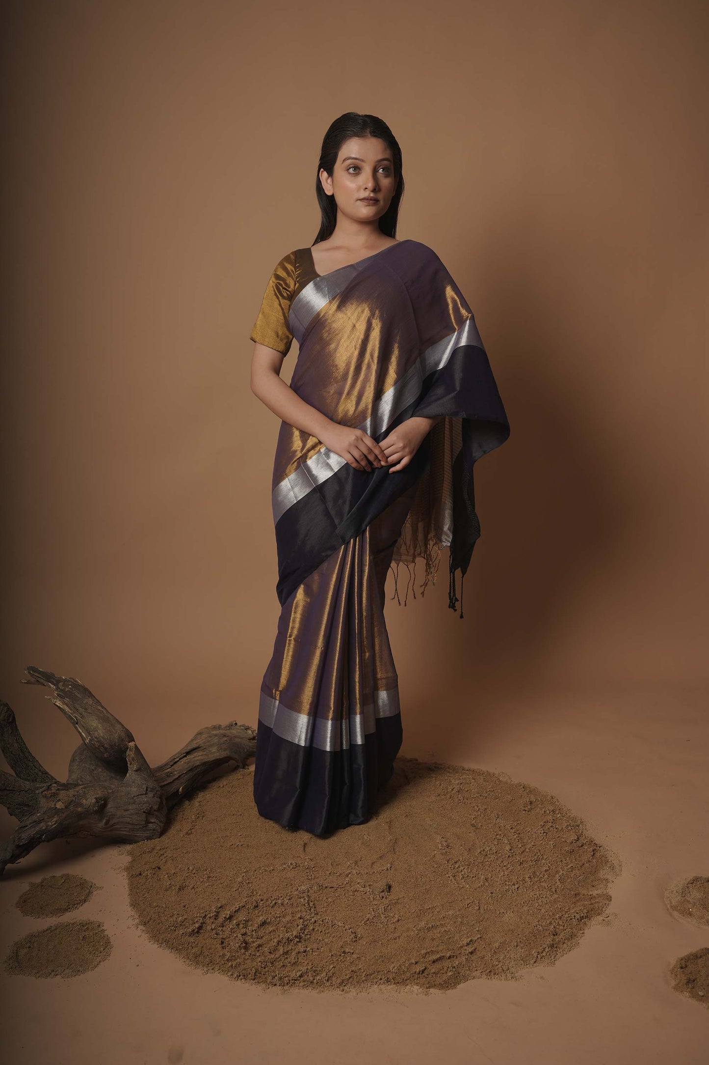 Kaashvi Gold And Black Handloom Tissue Saree