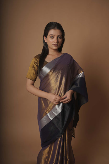 Kaashvi Gold And Black Handloom Tissue Saree