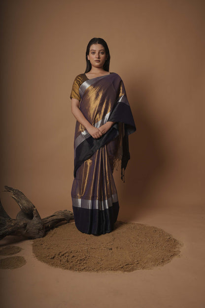 Kaashvi Gold And Black Handloom Tissue Saree