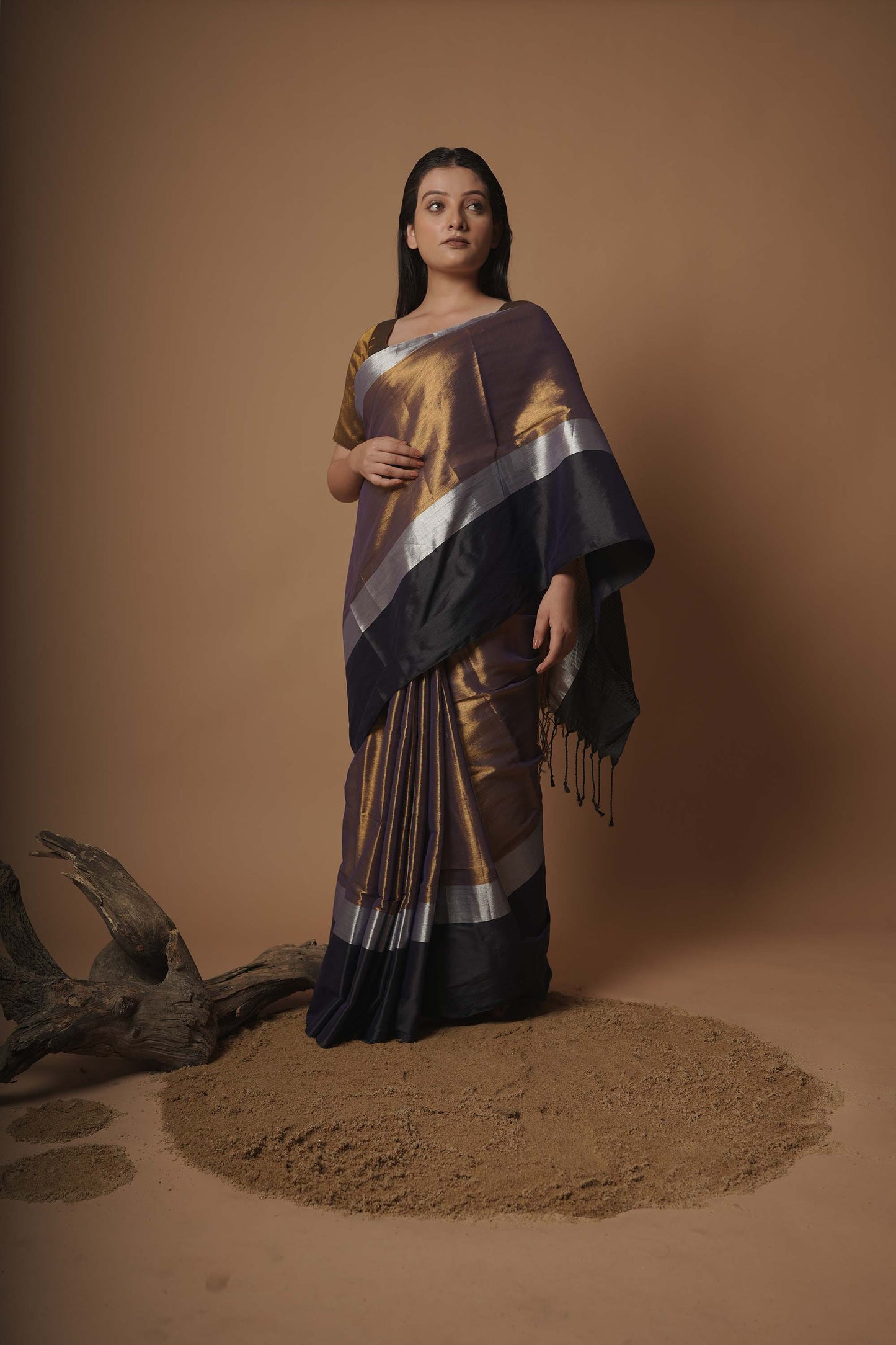 Kaashvi Gold And Black Handloom Tissue Saree