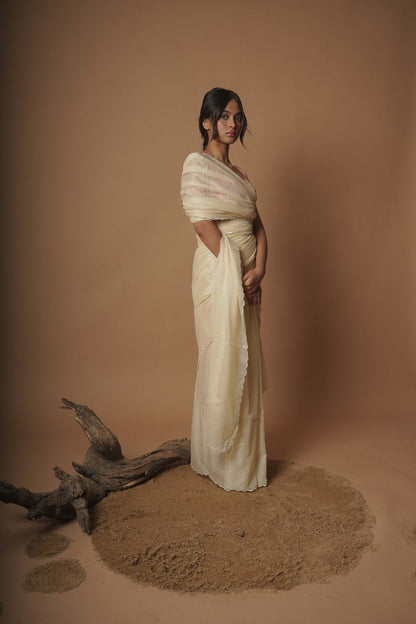 Cascading Moonlight White Scallop Border Saree