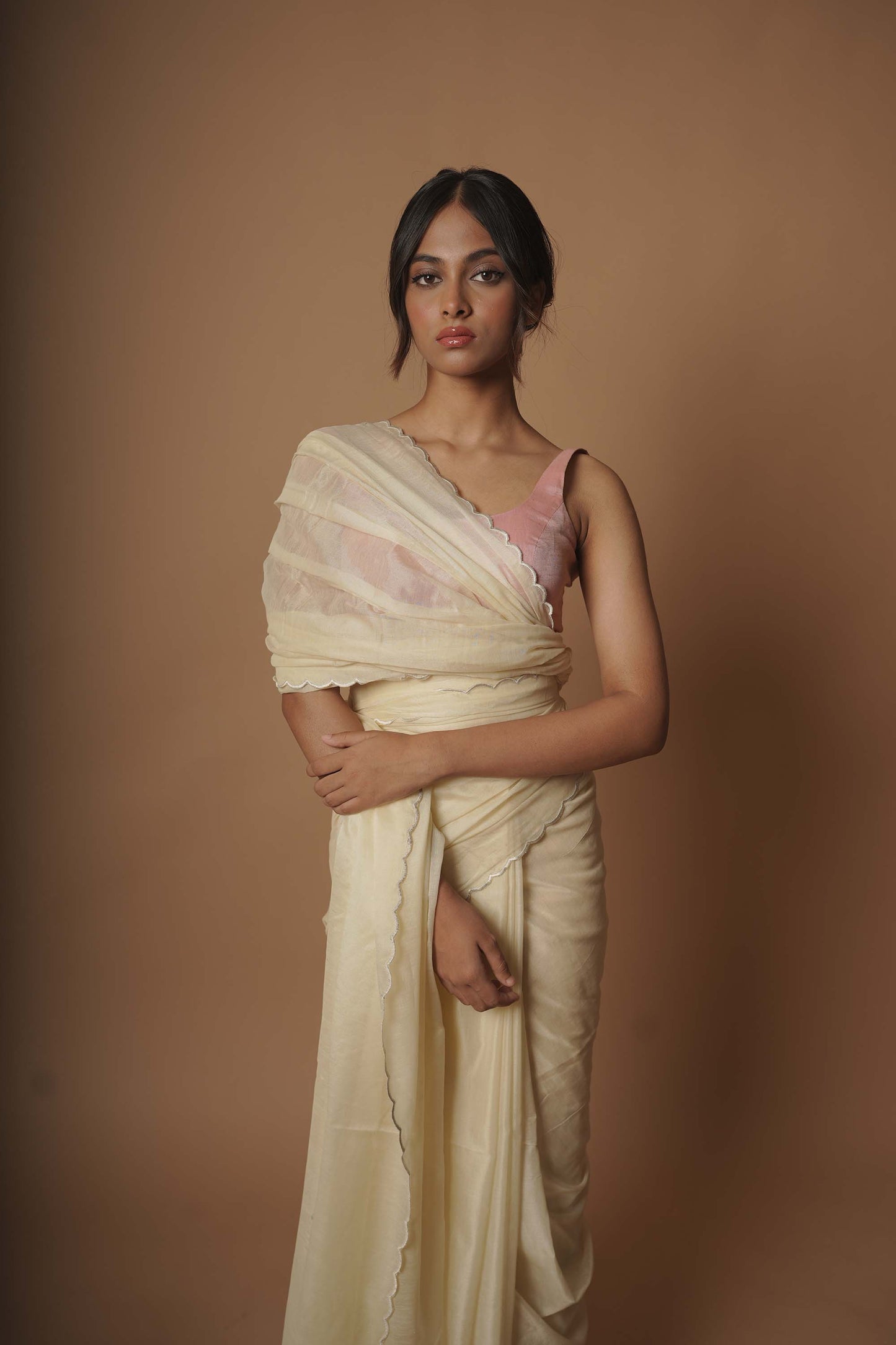 Cascading Moonlight White Scallop Border Saree