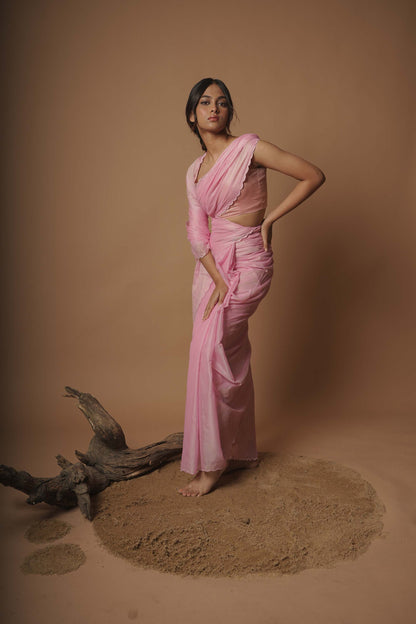 Sakura Bloom Pink Scallop Border Saree