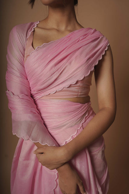 Sakura Bloom Pink Scallop Border Saree