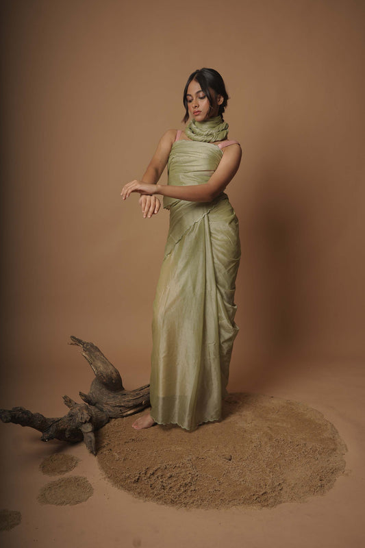 Woodland Nymph Fern Green Scallop Border Saree