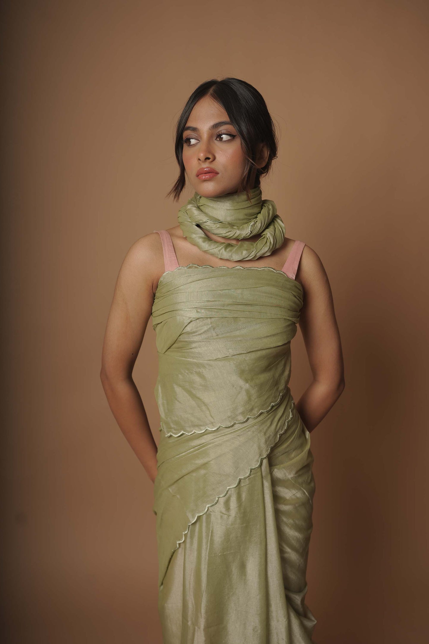 Woodland Nymph Fern Green Scallop Border Saree