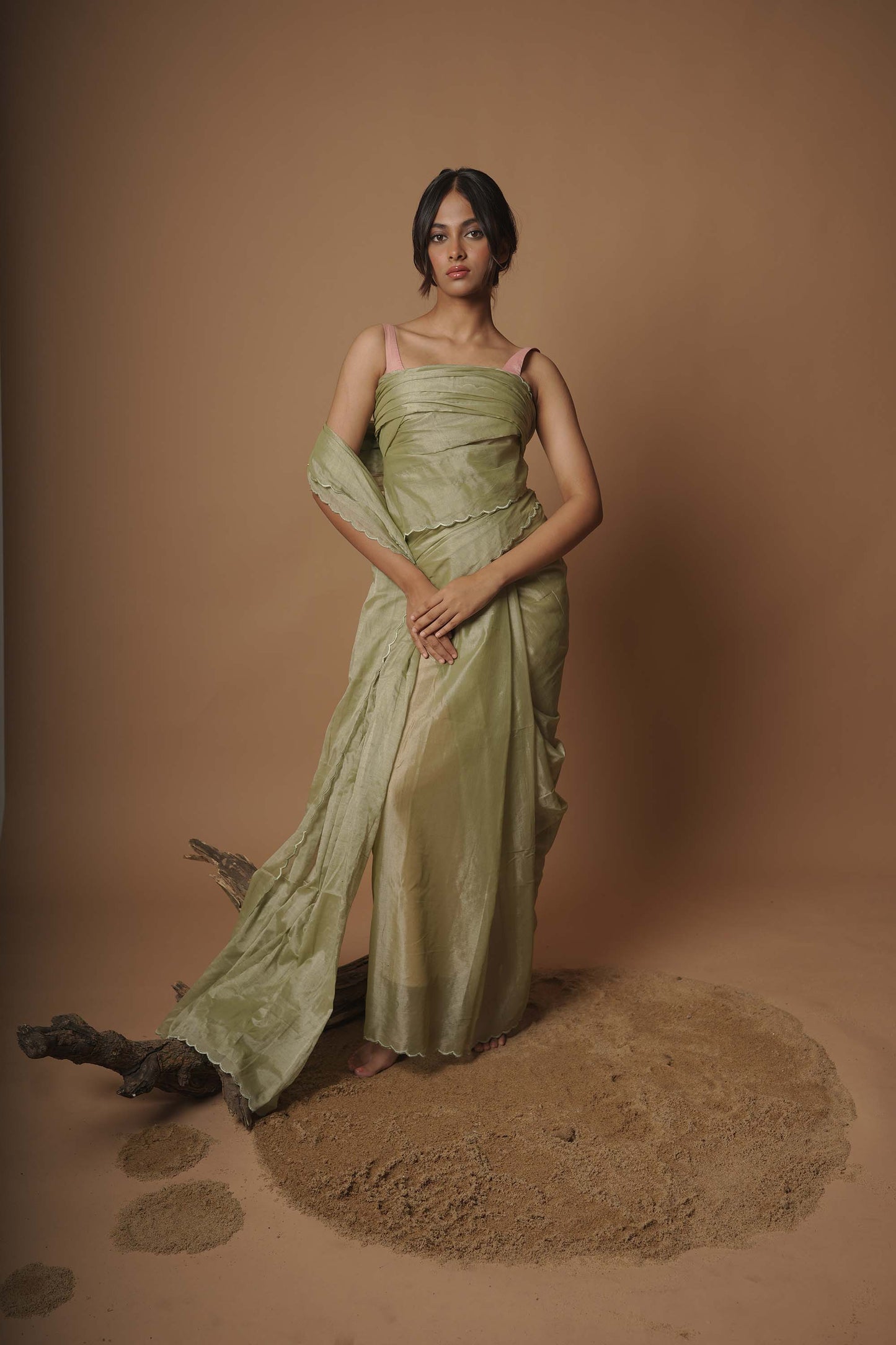 Woodland Nymph Fern Green Scallop Border Saree