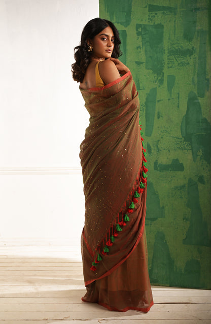 Toot Ta Taara | Red Mul Cotton Saree With Beaded Sequins