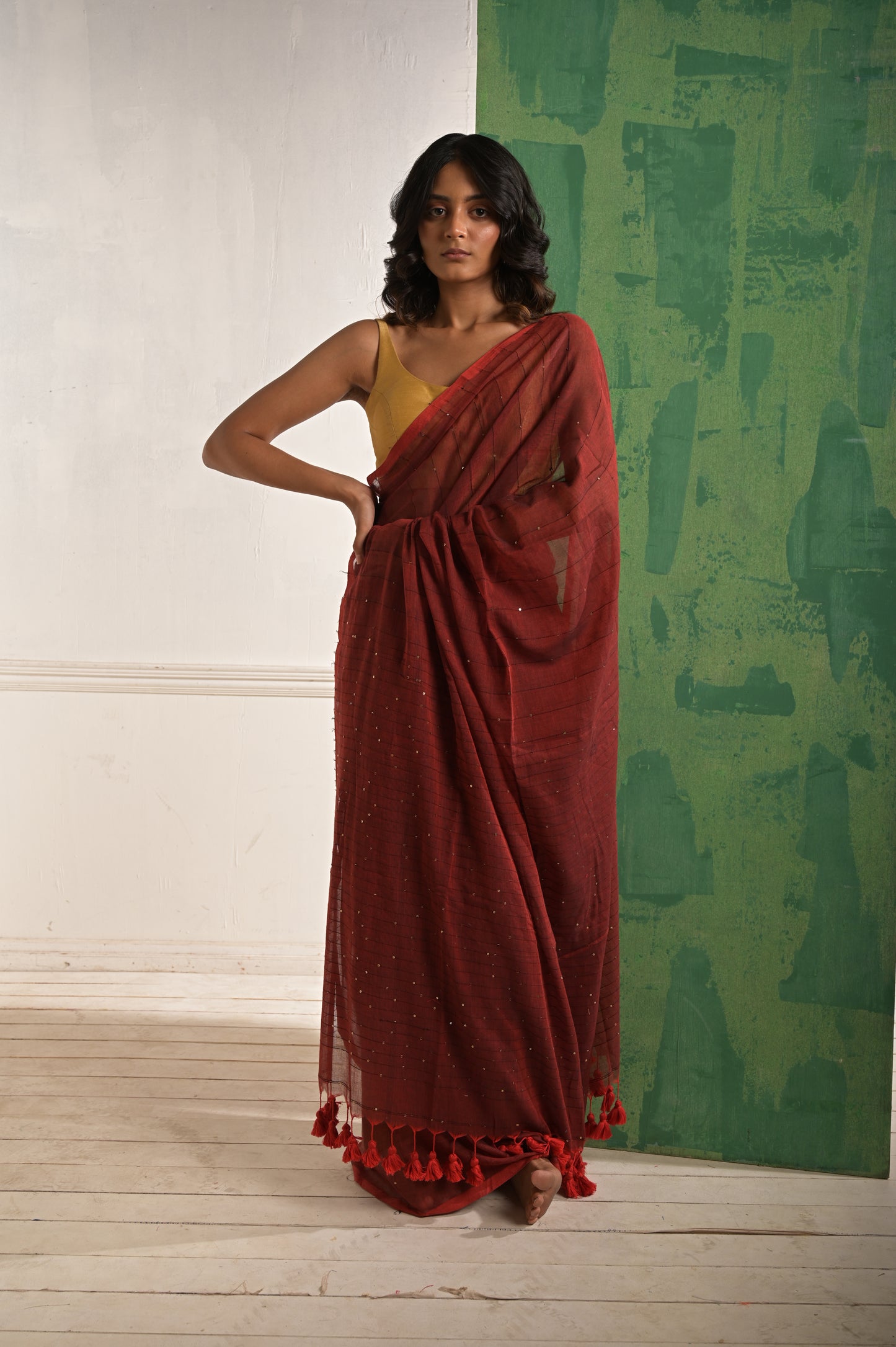 Toot Ta Taara | Red Mul Cotton Saree With Beaded Sequins