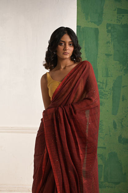 Toot Ta Taara | Red Mul Cotton Saree With Beaded Sequins