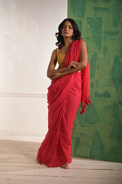 Toot Ta Taara | Red Mul Cotton Saree With Beaded Sequins