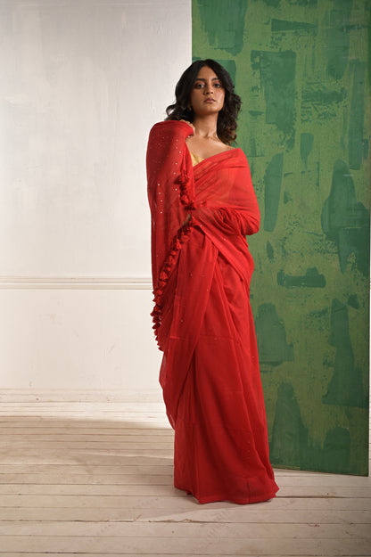 Toot Ta Taara | Red Mul Cotton Saree With Beaded Sequins