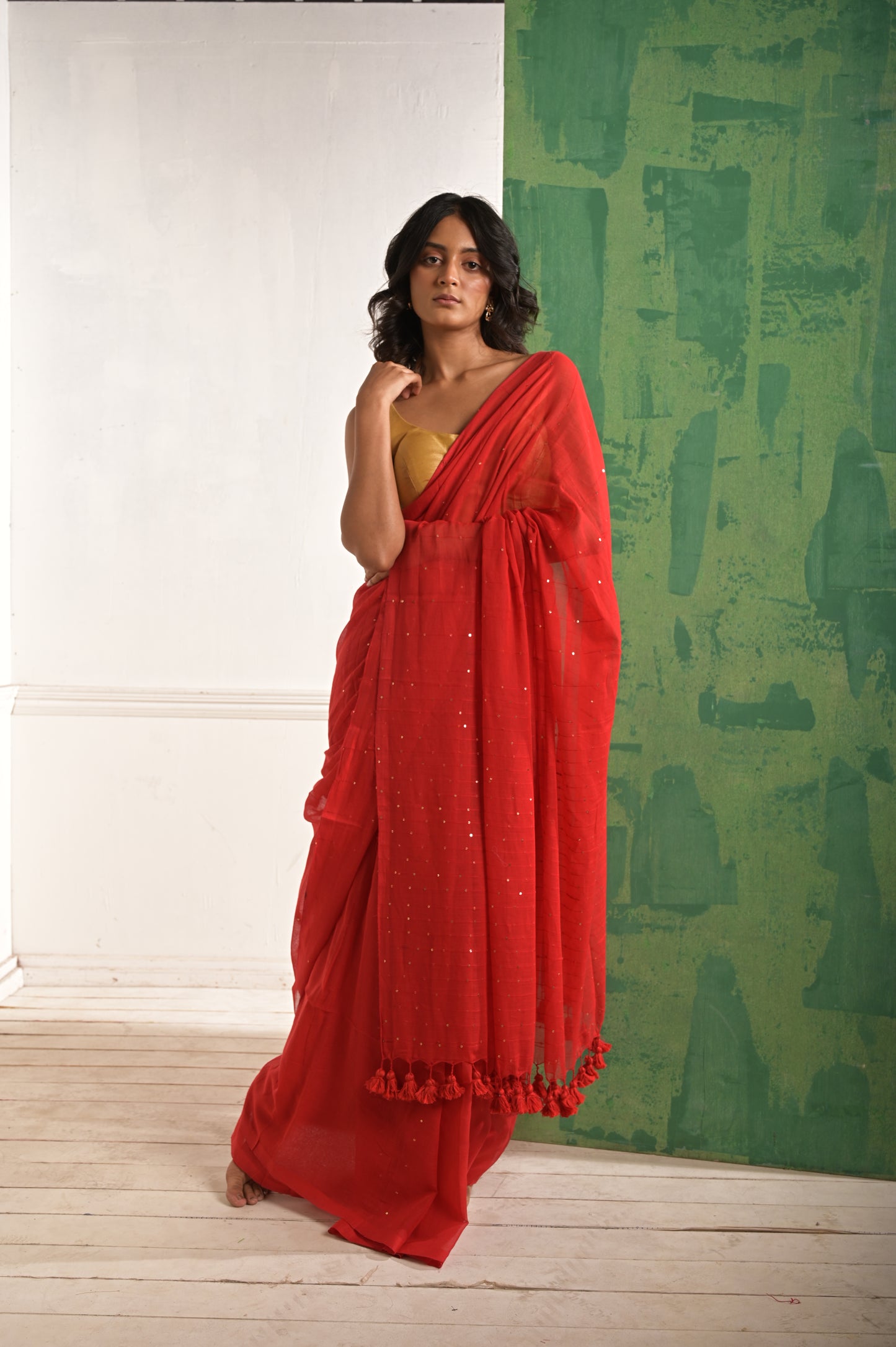 Toot Ta Taara | Red Mul Cotton Saree With Beaded Sequins