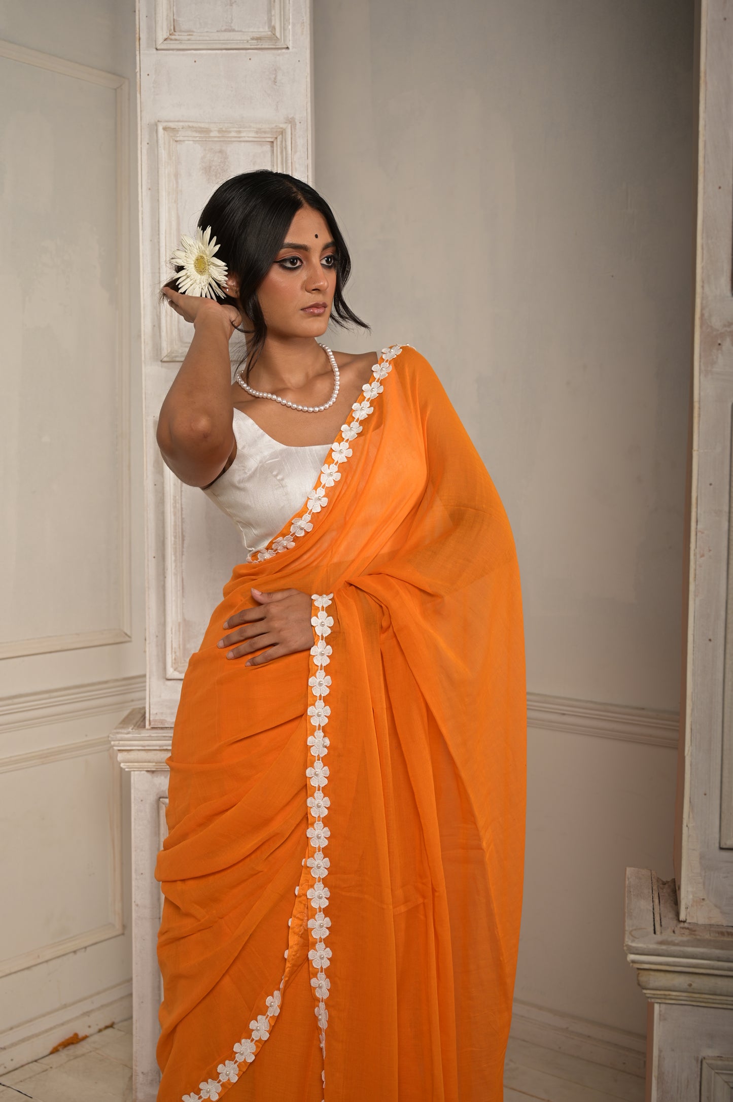 Cotton Saree With Stitched Lace Floral Embroidered Border