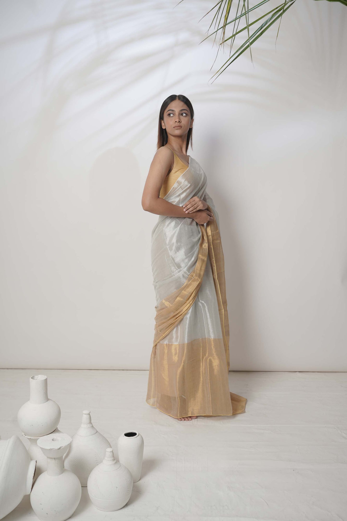 Aarna Gold Border Tissue Saree