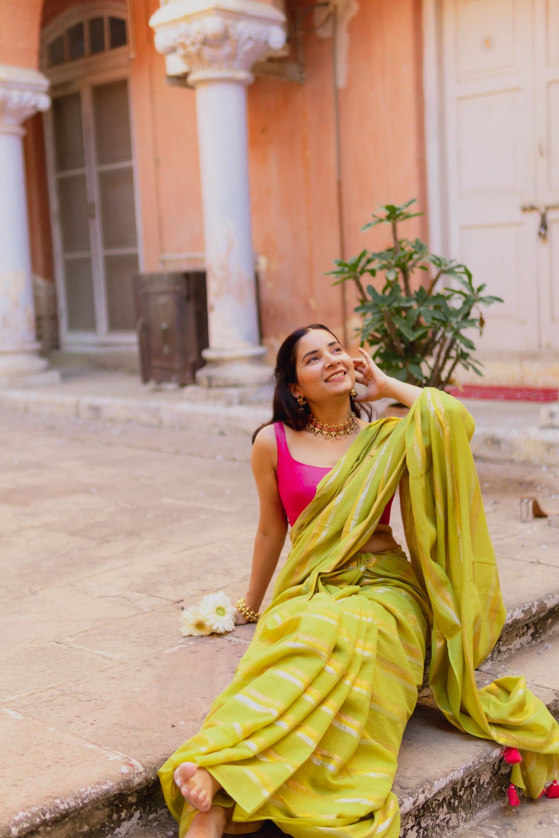 Gold & Silver Lurex Stripes Saree With Tassels